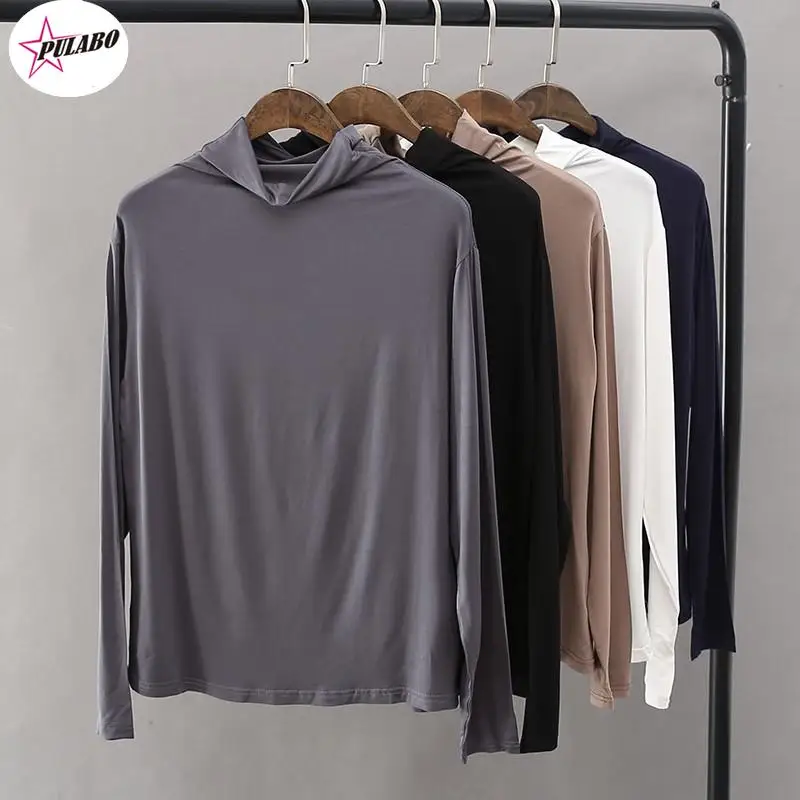 

Базовая рубашка с высоким воротником из модала, весна-лето, свободная и тонкая футболка в Корейском стиле с длинным рукавом, Женская облегаю...