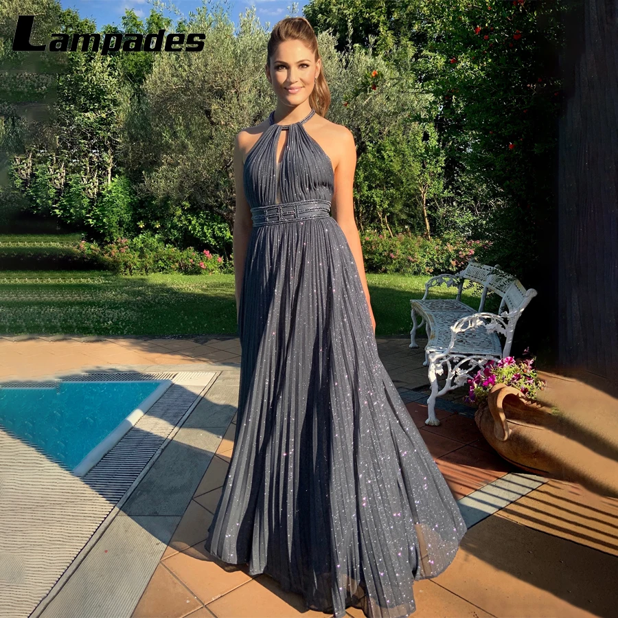 

Halter Neckline Shiny Pleat Tulle Long Prom Dress with Beading Belt Luxury Graduation Party Dress Evening Dress Long Luxury