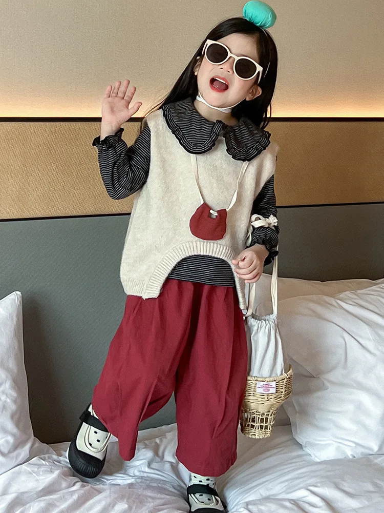 Одежда для маленьких девочек костюм Трикотажный жилет в полоску Новинка осени 2024