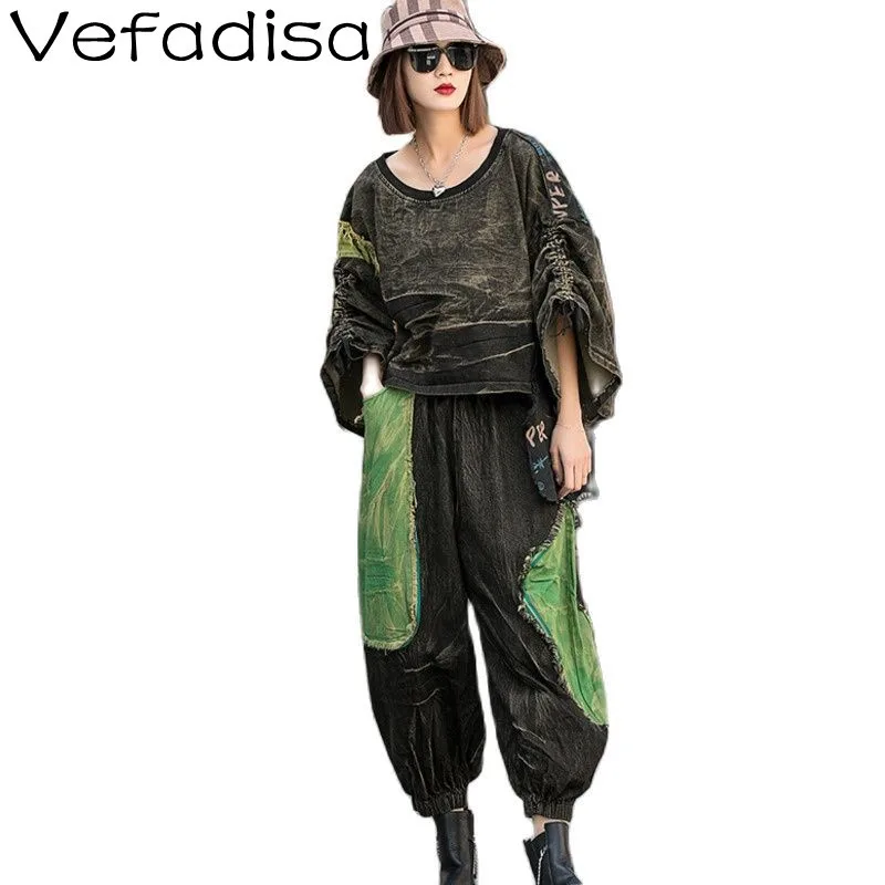 

Vefadisa 2022 Spring New Fashion Women's Suit Washed And Distressed Short Denim T-shirt + Wide-leg Pants Two-piece Sets TT1097