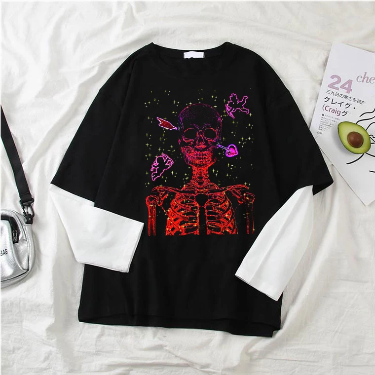 

Korean Harajuku Oversize Long Sleeve T-shirt Punk Style Skull Bubble Fun Print Female Pullover Retro Casual Stitching Ladies Top