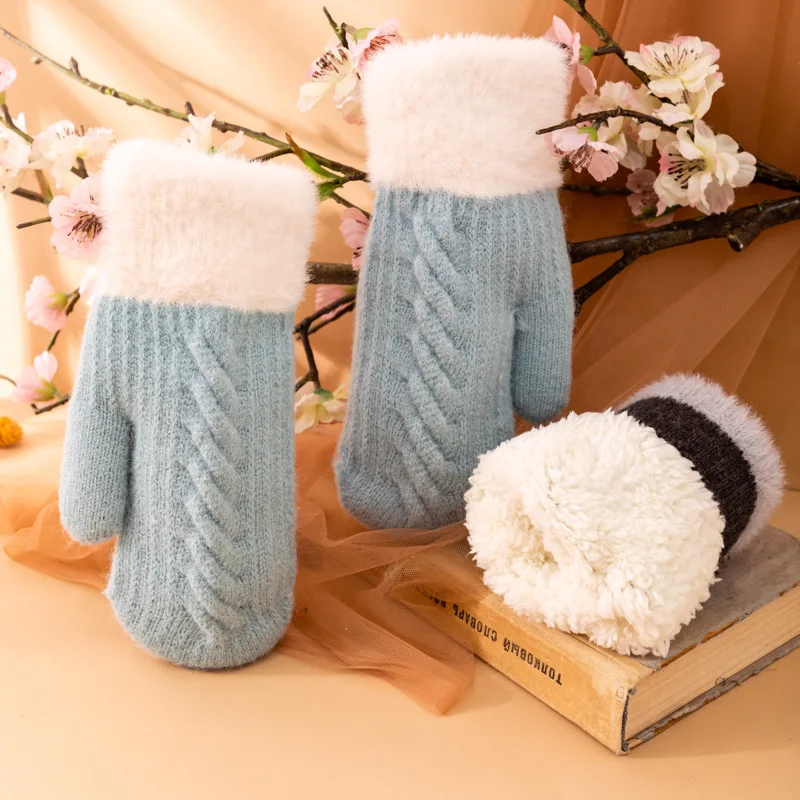 

Women Twist Flowers Knitted Keep Warm Mittens Solid Color Thicken Plus Velvet Full Finger Cashmere Warm Driving Cycling Gloves