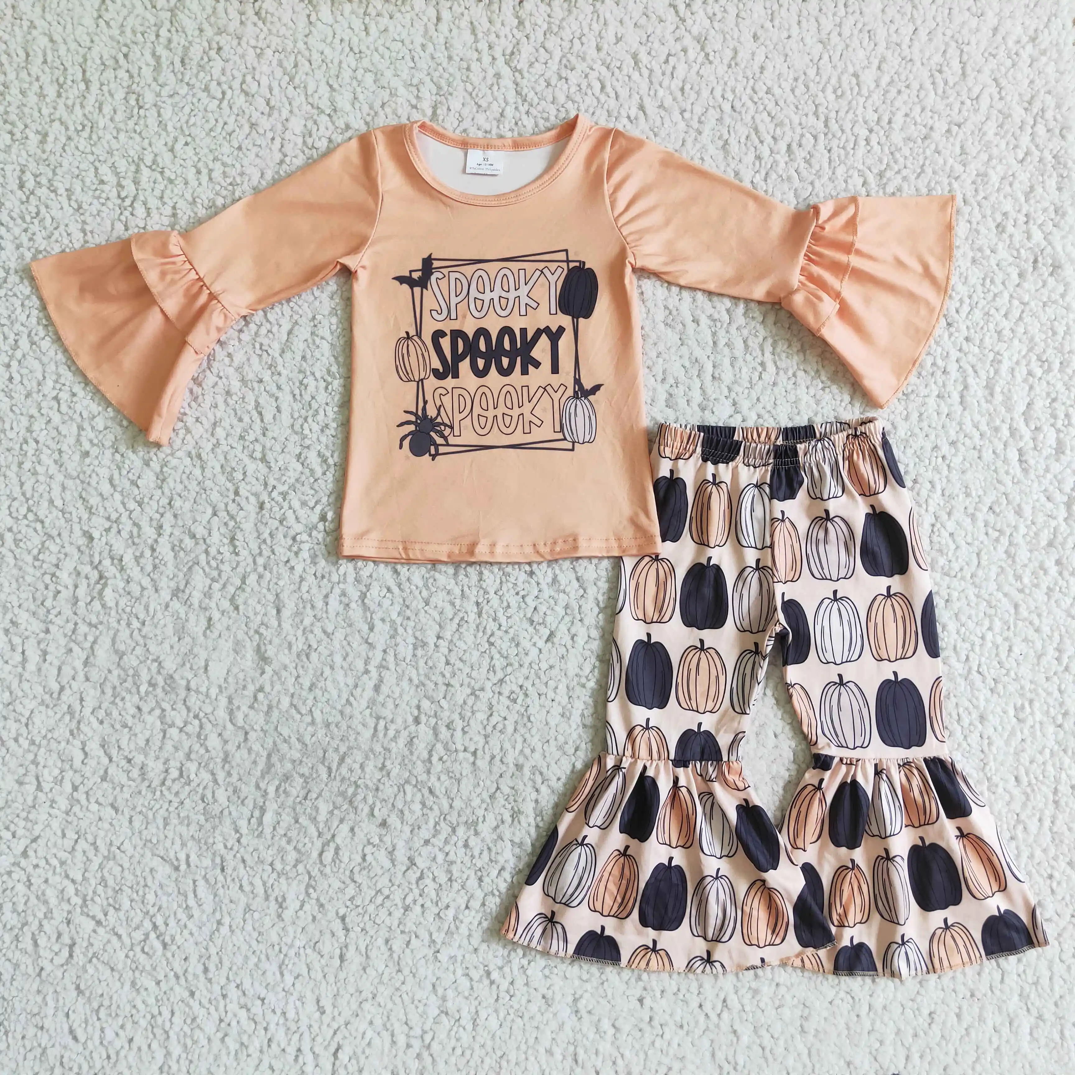 

Halloween Toddler Girls Spooky Outfits Kids Boutique Clothing Full Sleeves Bell Bottom Pants Children Fashion RTS Sets clothes
