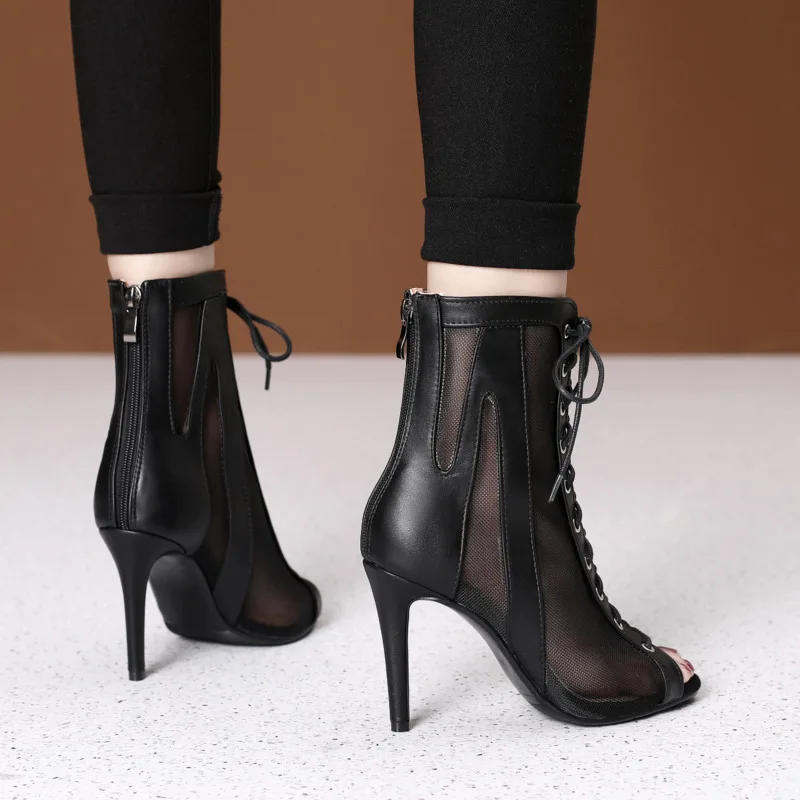 Black Women Lace-UP Latin Dance Shoes High Heels Outdoor Tango Dancing Boots Open Toes Soft Soles Casual Outdoor Dancing Shoes