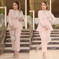light pink women suits 2 pieces party suit deep v neck work with belt tailored sequins fashion real image coatwide leg pants