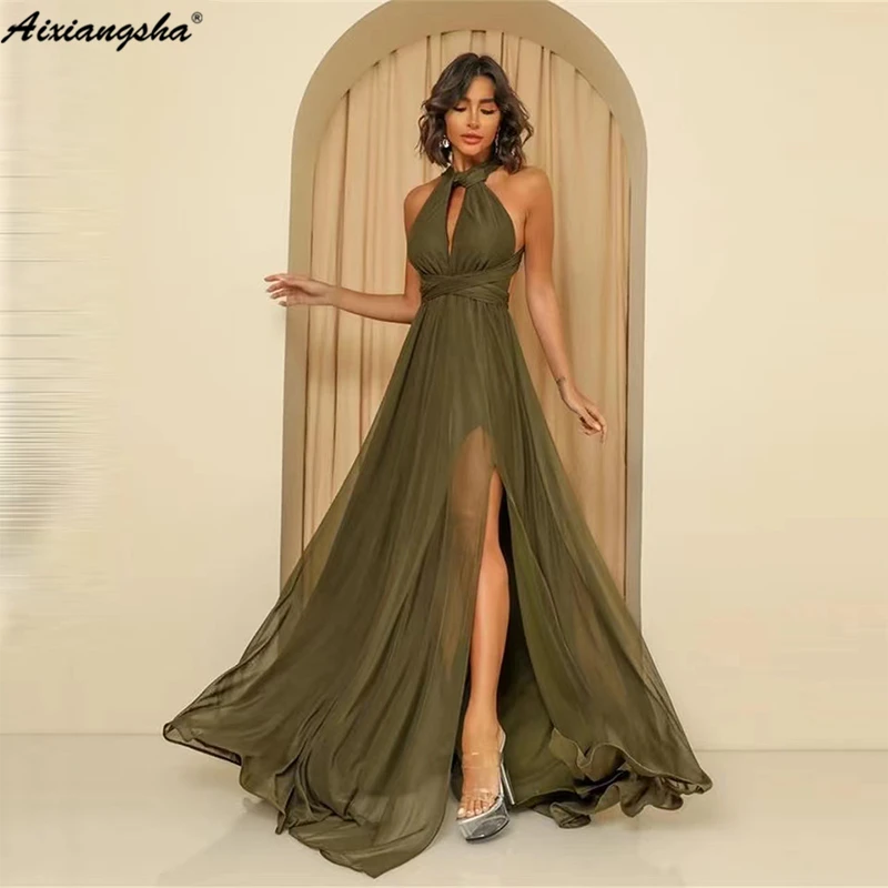 

Olive Green Chiffon Long Prom Dresses Jewel Neck Side Slit Criss Cross Simple Evening Gowns Women Formal Party Dress 2022