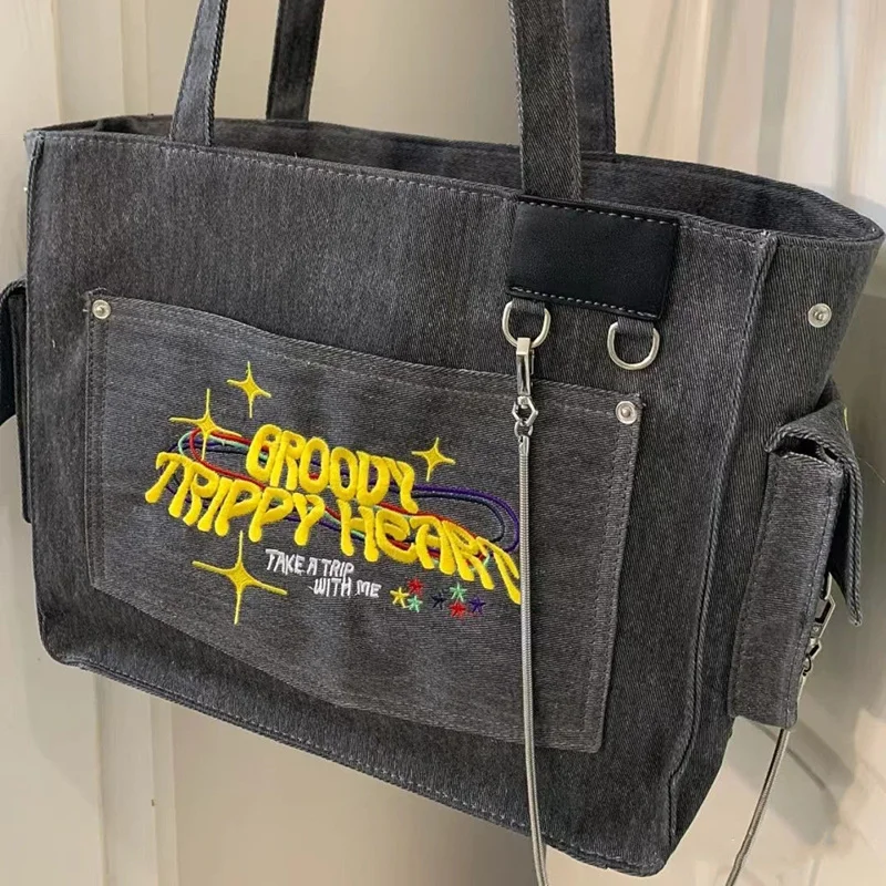 

Винтажная вместительная промытая джинсовая Холщовая Сумка-тоут с вышитыми буквами, женская сумка через плечо для подмышек, дорожная сумка для покупок