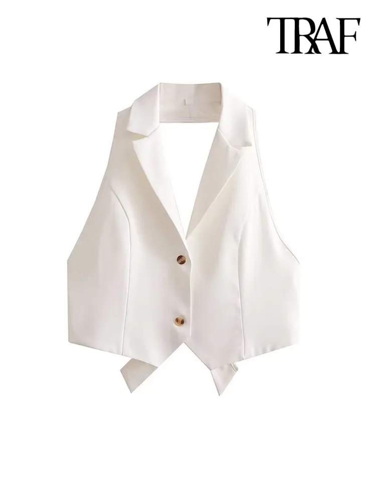 

Женский короткий жилет на пуговицах, с открытой спиной и бантом