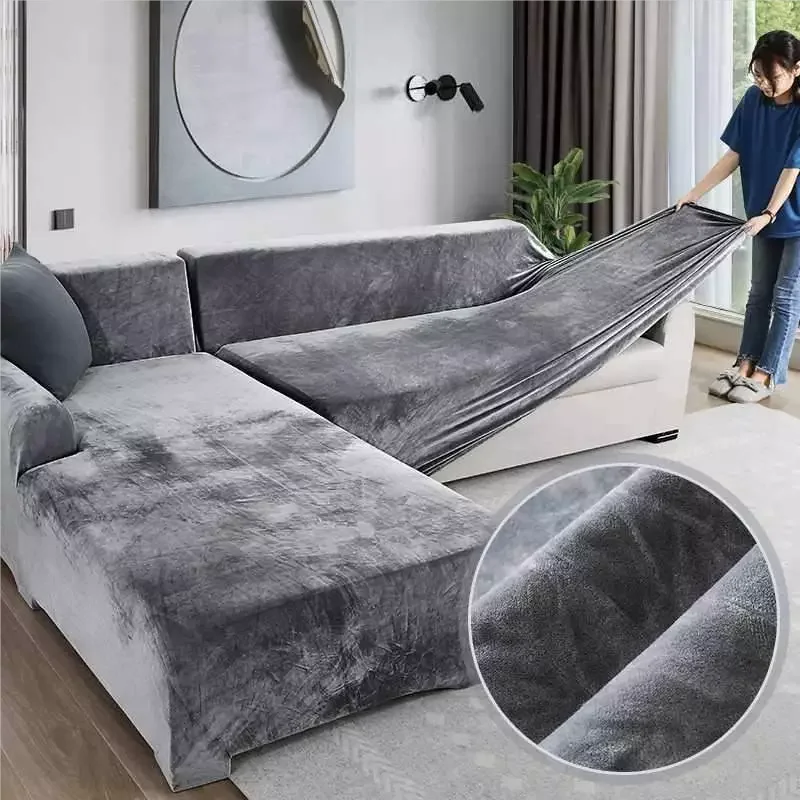 

Plush Sofa Cover for Living Room Velvet Elastic Solid Corner Sectional Chaise Lounge Couch Set Armchair L Shape Seat Slipcovers
