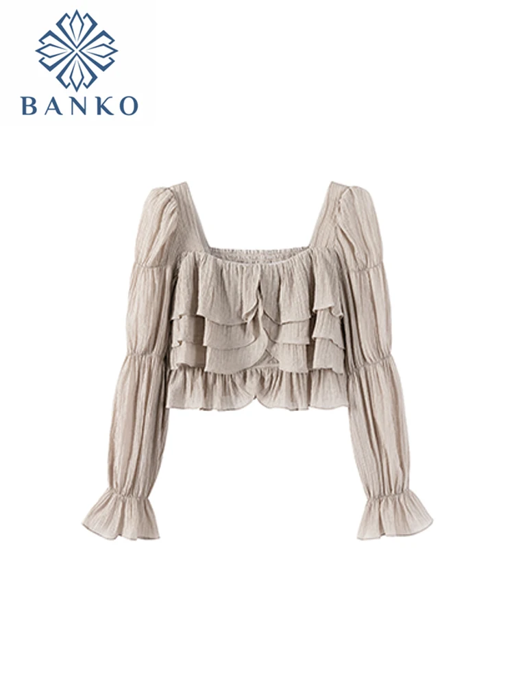 

Женская блузка с квадратным вырезом, длинным рукавом и оборками