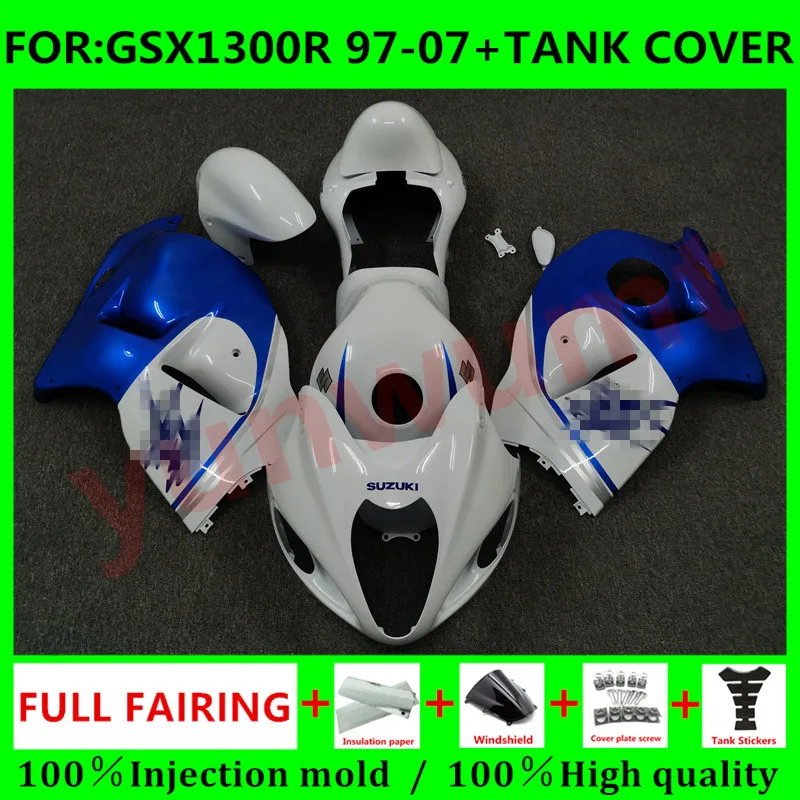 

Motorcycle HAYABUSA Fairing + Tank Cover for Suzuki GSXR1300 03 04 05 06 07 GSX1300R 97 98 99 00 01 02 Fairings set blue white