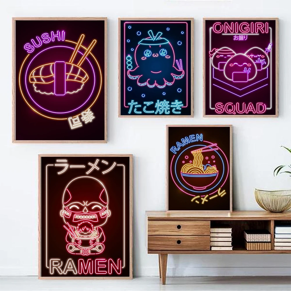 

Kawaii Onigiri Poster and Print Octopus Ramen Sushi Circle Sign Neon Canvas Paintng Modern Kitchen Japanese Restaurant Decor