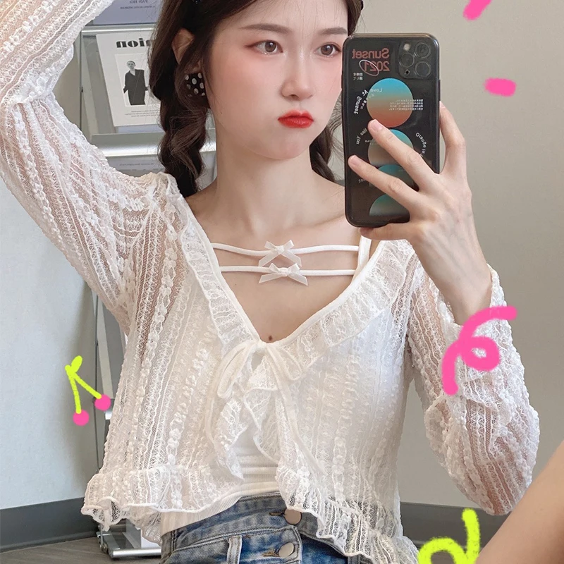 

Women Summer Sunscreen Shirt Sweet Ruffle Lace Up Casual Cardigans Fashion V-neck Long Sleeve Cropped Tops Thin Chiffon Cardigan
