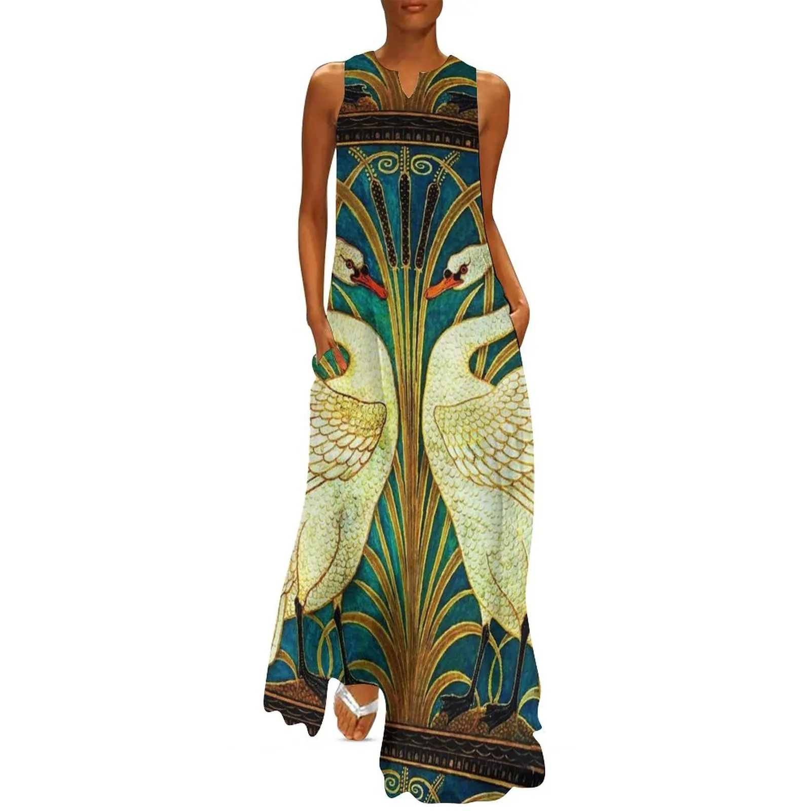 ДВЕ БЕЛЫЕ SWANS AMONG REEDS IN BLUE Art Nouveau Animals Длинное платье пляжное пляжная одежда для