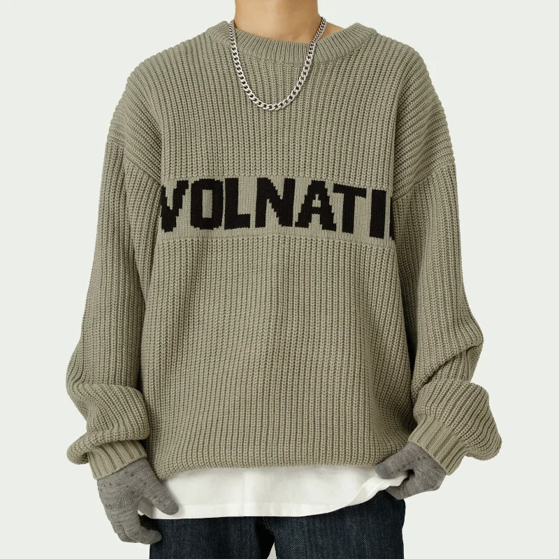 Men Loose Knit Round Neck Lettered Sweater Pullover Long Sleeve Top for Mens Spring and Autumn New Products