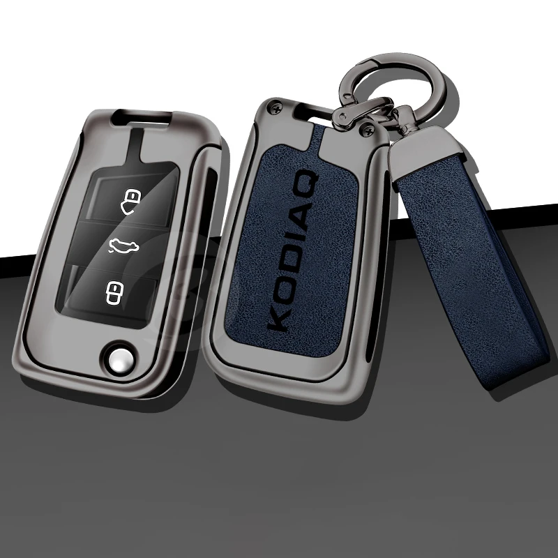 

Fashion Car Key Case Cover for Skoda Kodiaq Smart Remote Metal Leather Key Protector Shell with Key Ring Keyless Accessories