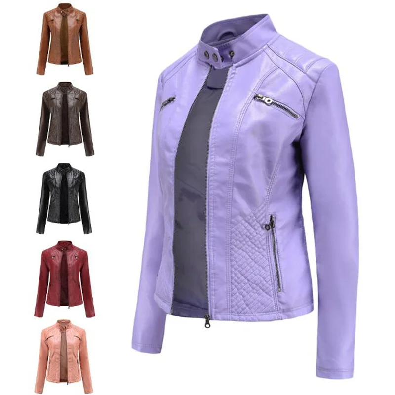

New Women's Leather Slim Jacket Spring and Autumn Jacket Women's Motorcycle Jacket Large Size Stand Collar Leather Jacket