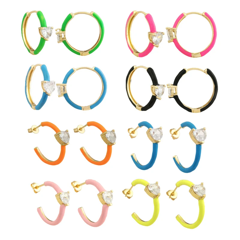 

QMHJE 1 Pair Heart Candy Color Hoop Earrings Women Colorful Enamel Earring Neon Round Circle Jewelry Aretes Huggie White Pink
