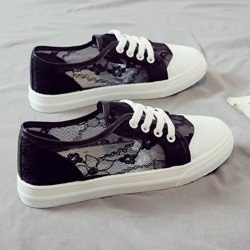

Sexy Lace White Shoes Women Flats Sneakers Summer 2022 New Female Causal Shoes Black Canvas Vulcanize Sneakers For Women