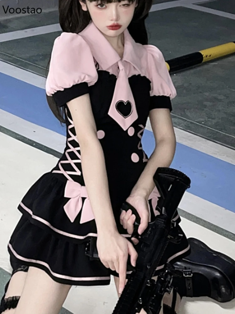 

Summer Harajuku Y2k Mini Dress Women Sweet Lolita Bow Bandage Party Kawaii Tutu Dresses Girly Streetwear Fashion Slim Vestidos