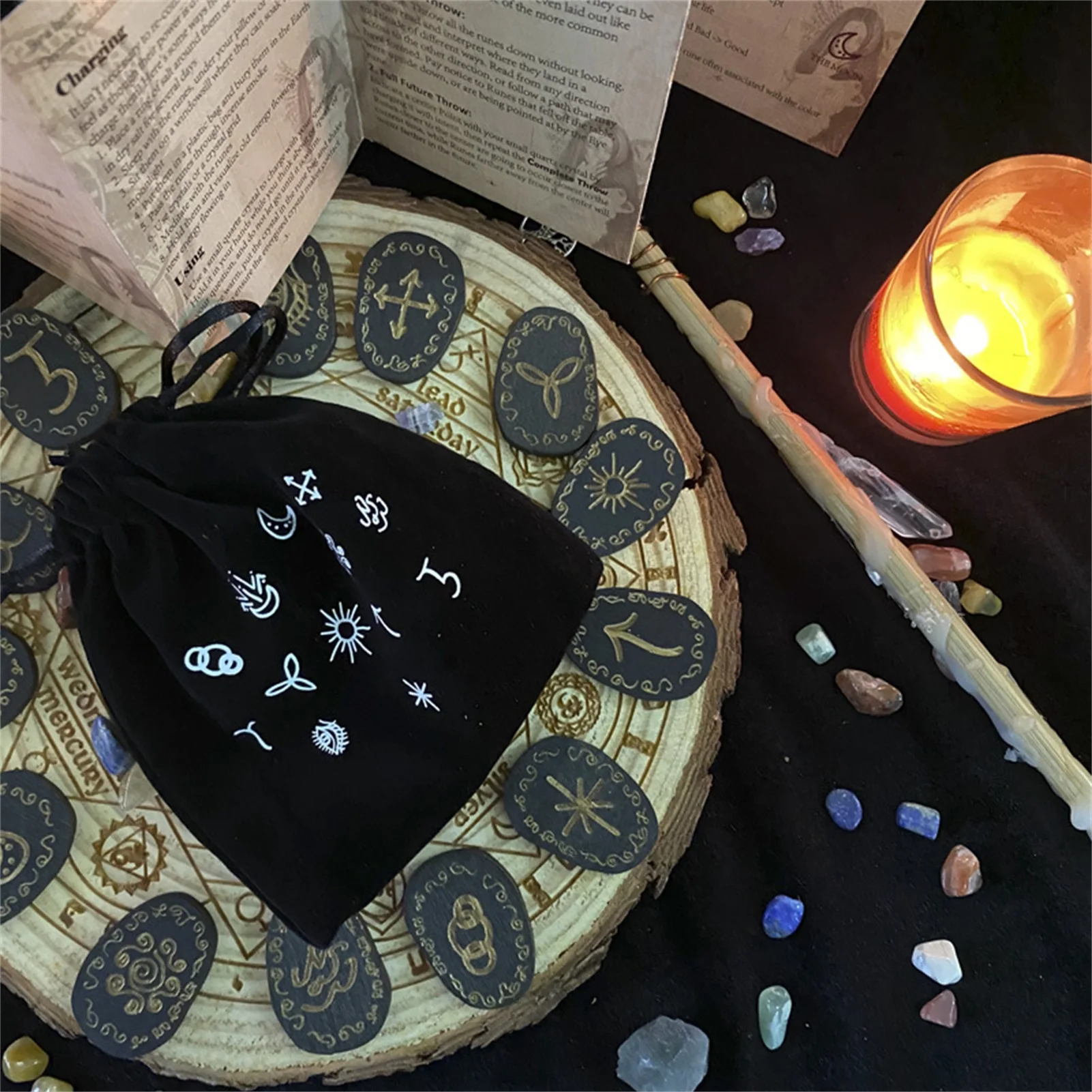

Rune Stones Set With Runes Book Black Rune Stones Engraved Lettering Set For Wicca Engraved Lettering Symbol For Meditation