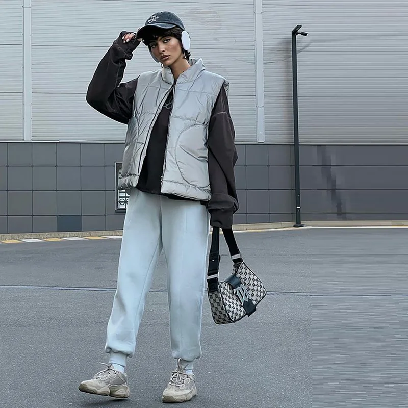 Street Wind Personality Laser Reflective Vest Female 2022 Autumn and Winter Warm Fashion Casual Zipper Cardigan