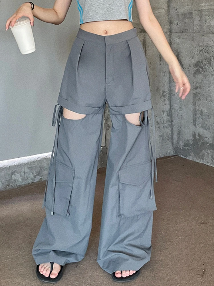 

American Gray high street overalls woven pants 2022 autumn new hollow tie loose wide leg casual pants streetwear women