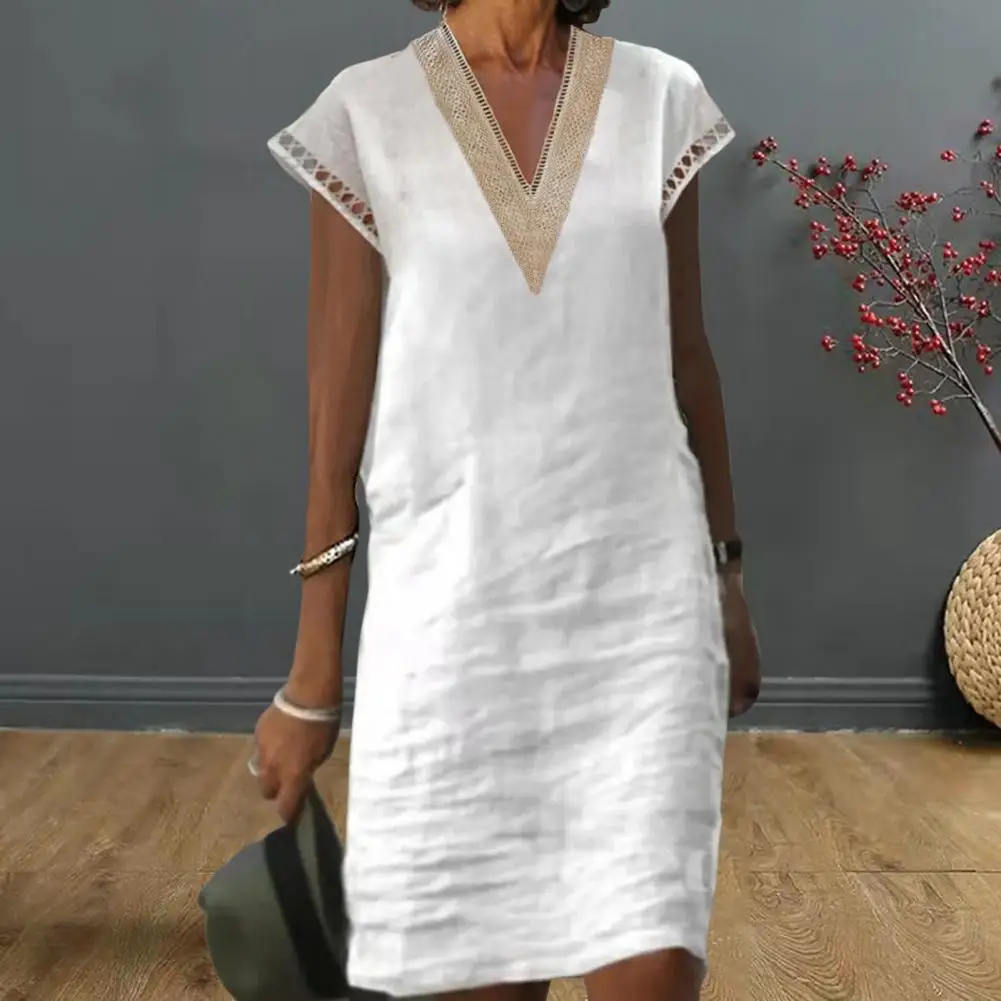 

Chic Women Midi Dress Short Sleeves Lady Summer Dress Hollow Out Daily Wear Comfortable Cutout Women Dress