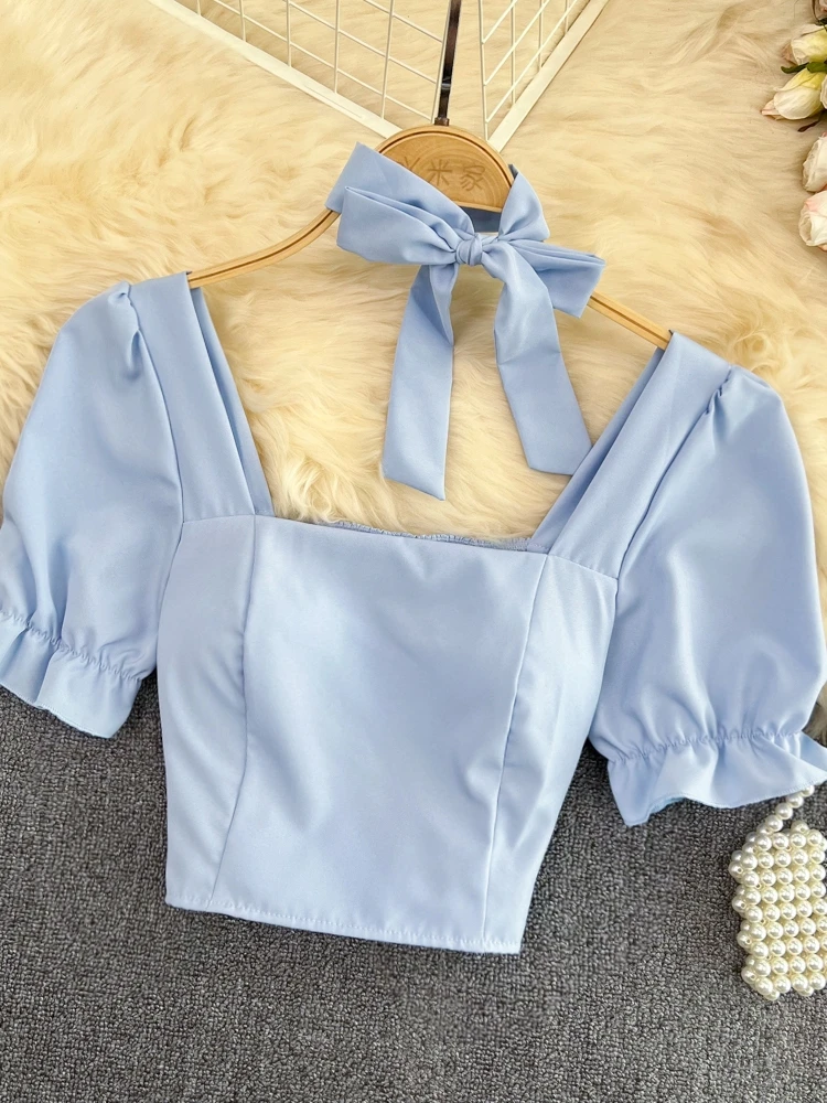 

Женский короткий облегающий пуловер, милая универсальная рубашка с коротким рукавом и квадратным вырезом, в Корейском стиле, лето 2023