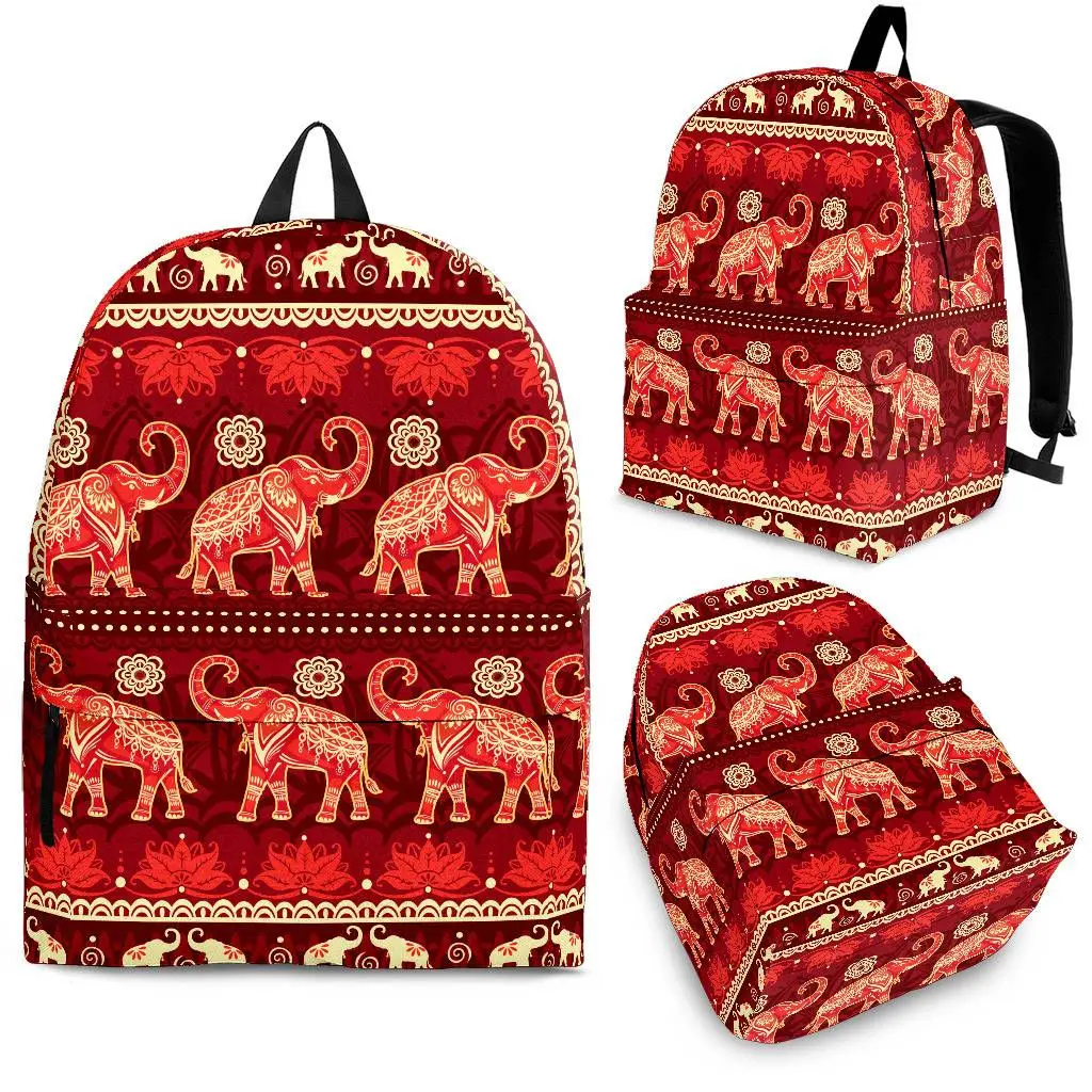 

YIKELUO Fashion Boho Elephant Print Durable Red Backpack Student Textbook Bag With Zipper Teen Laptop Knapsack Animal Mochilas