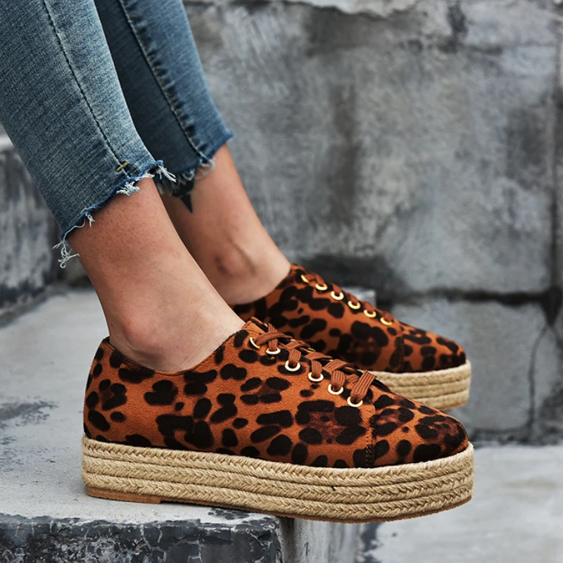 

Platform Sneakers Women Autumn Rome Retro Plus Size Round Toe Hemp Rope Leopard Print Women's Casual Flat Shoes Zapatillas Mujer