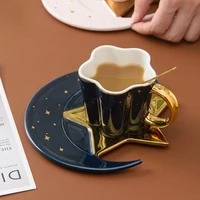 nordic irregular ceramic coffee mug creative gold painted handle mug fashion star and moon shape coffee cup and saucer