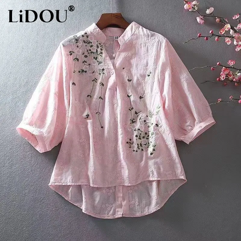 

Tops Women New Blouse Spring And Summer Buttons Embroidery Floral V Neck Pullovers Comfortable Fashion Casual Elegance Office