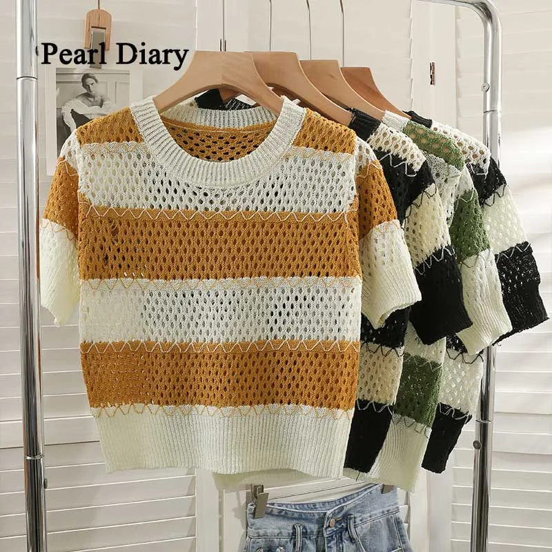 

Pearl Diary Korean Fashion Striped Hollow Out Short t-Shirt Women Summer New O-Neck Thin Top All-Match Loose-Fitting Thin T-Shi