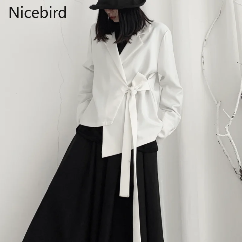 

Nicebird Asymmetrical Blazer Women Lace Up Long Sleeve Casual Suit Coat Dark Style Chic Streetwear Lightweight Jacket Outercoat