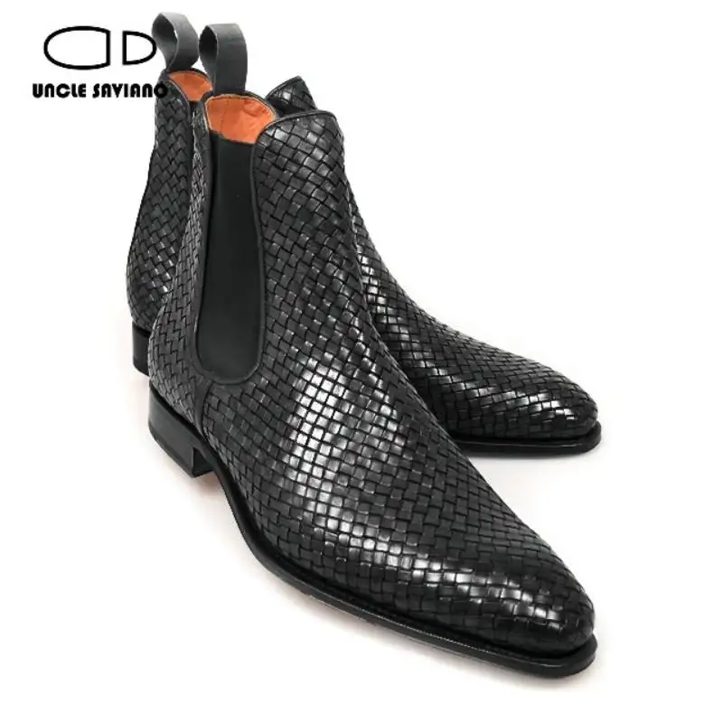 Black Work Boots Best Genuine Leather Woven Fashion Designer