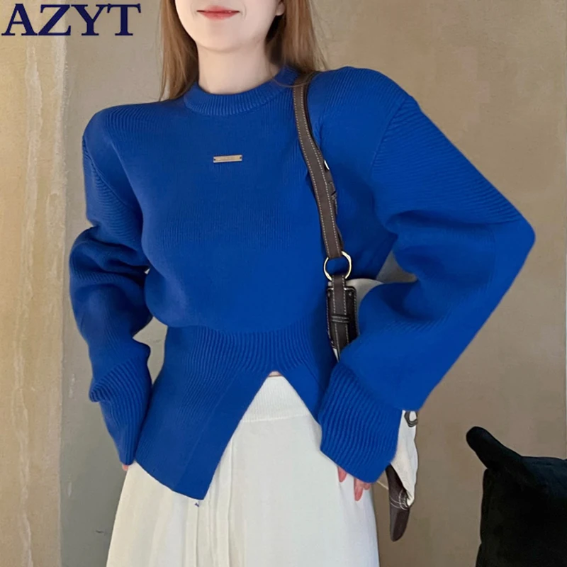

Модный женский свитер с разрезом AZYT, пуловеры, корейские свободные вязаные Джемперы, женские вязаные топы на весну и осень 2022