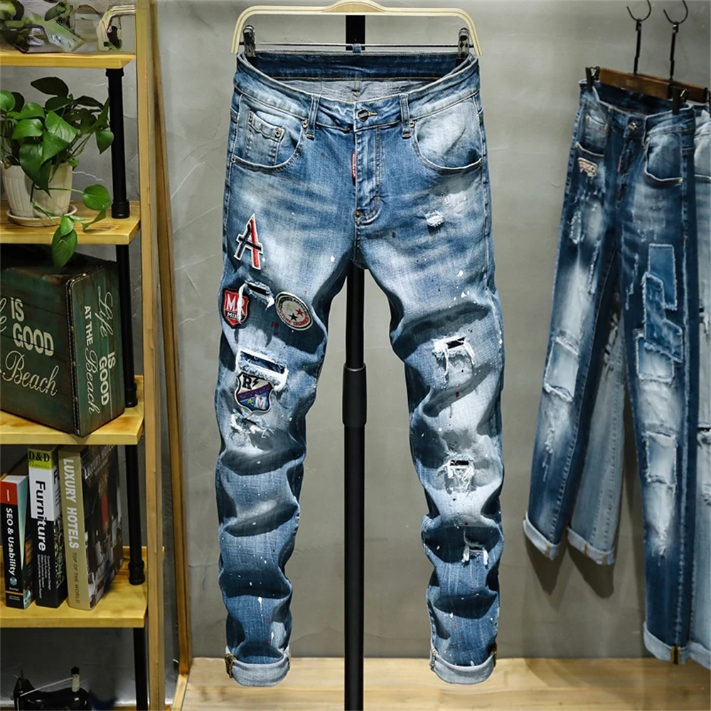 Paint Splashing Jeans Men's Hole Micro-chapter Embroidery Soft Cotton Elastic Leather Label Slim Pants Red Ears 2022