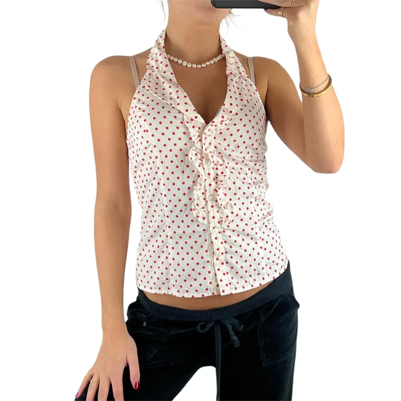 

Женская блузка с бретелькой через шею, топ с волнистым принтом на пуговицах, Повседневный милый облегающий топ с оборками, укороченный топ