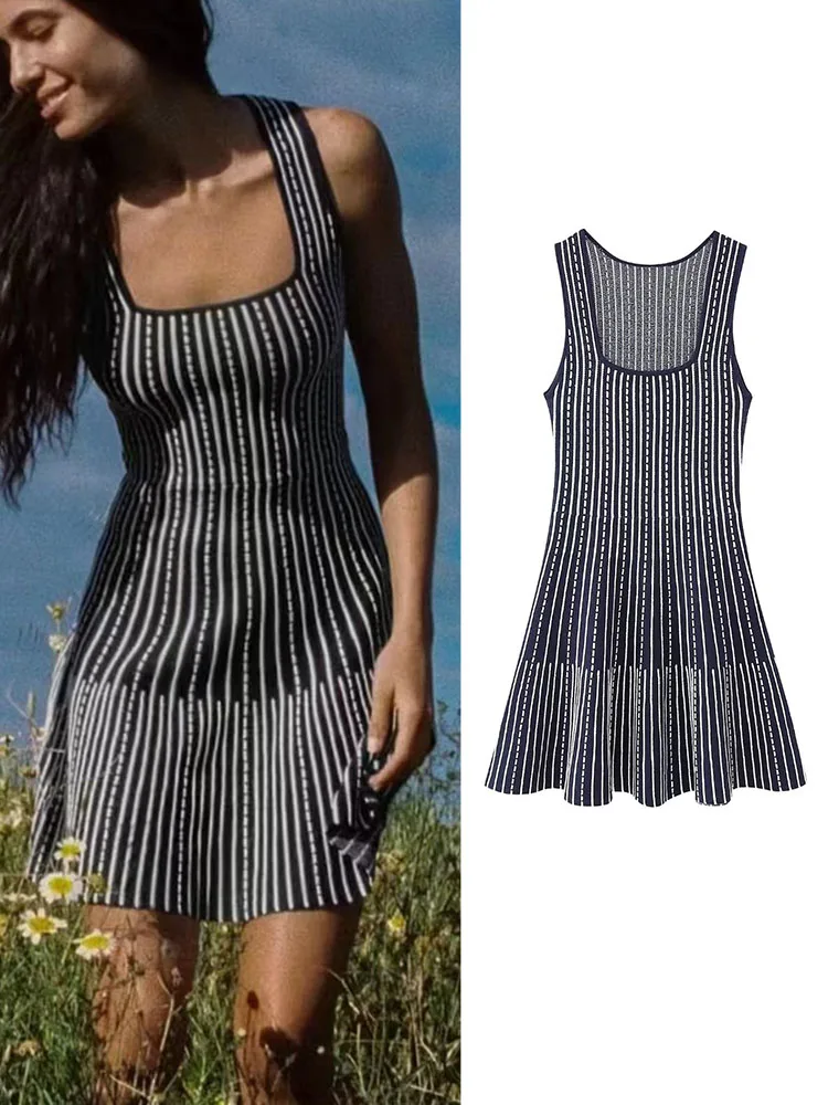 

TRAF 2023 Summer Striped Kintted Dress New Square Collar A-line Sleeveless Dress Sweet Casual Elastic Mini Camisole Dress