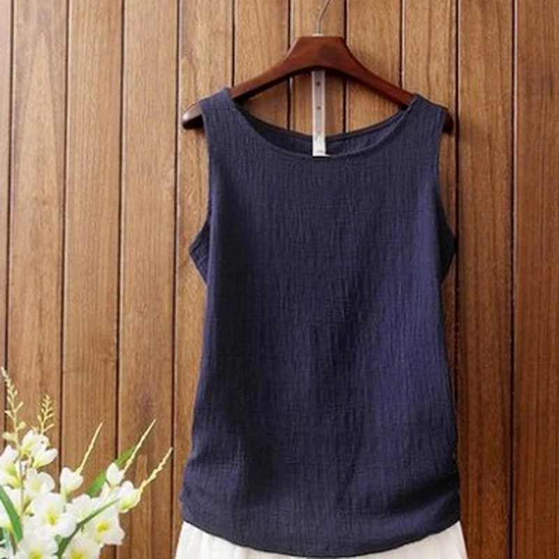 Топ женский летний из хлопка и льна с круглым вырезом |