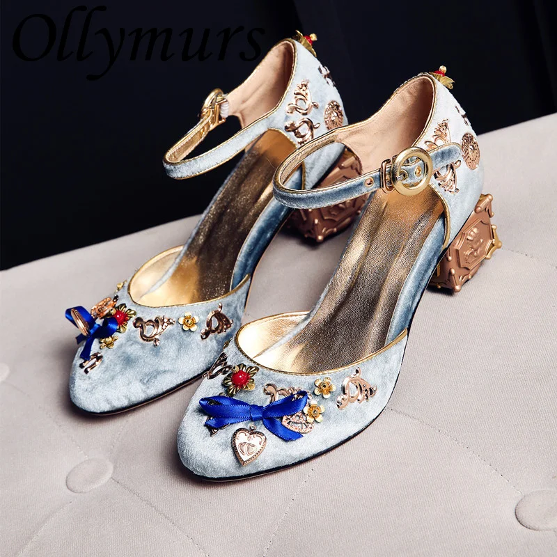 

Ollymurs New Vintage Velvet Butterfly Knot Sandals Women Round Toe Mary Jane Pumps Shoes Women Luxury