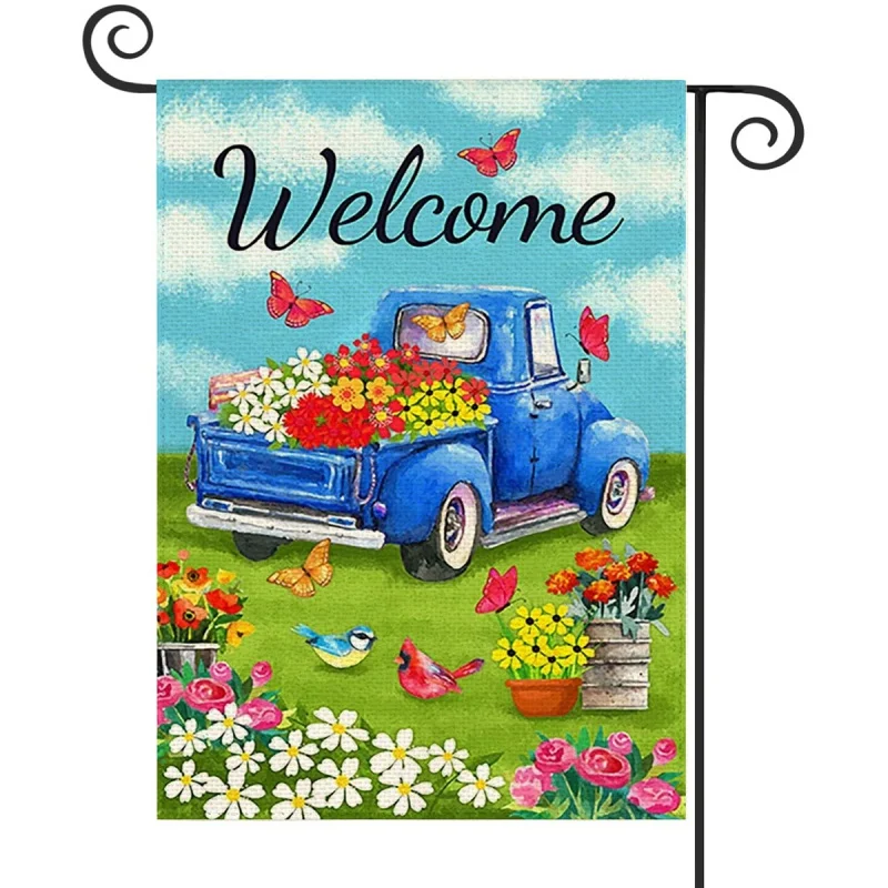 

1PC Flower butterfly bird car Pattern Linen Cotton Garden Flag Banner Indoor Outdoor Home Garden Hanging Decor