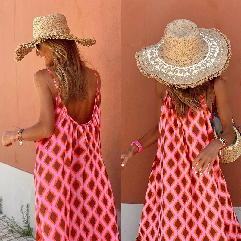 

New Women Slim Plaid Long Dress Sexy Off Shoulder Round Neck Long Dress Diamond Checkered Printed Dress Beach Clothing Casual