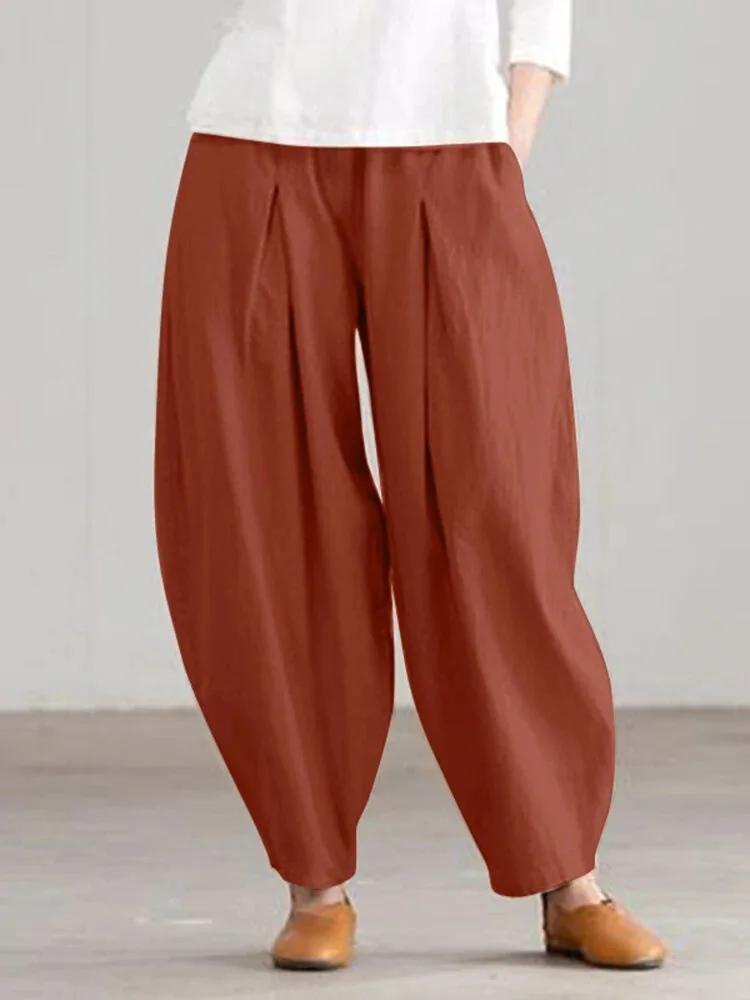 Pants for Women Simple Capris Casual Cotton Linen Harem Wide Leg Trousers Elastic Waist Pants Vintage Bloomers Pants Oversize