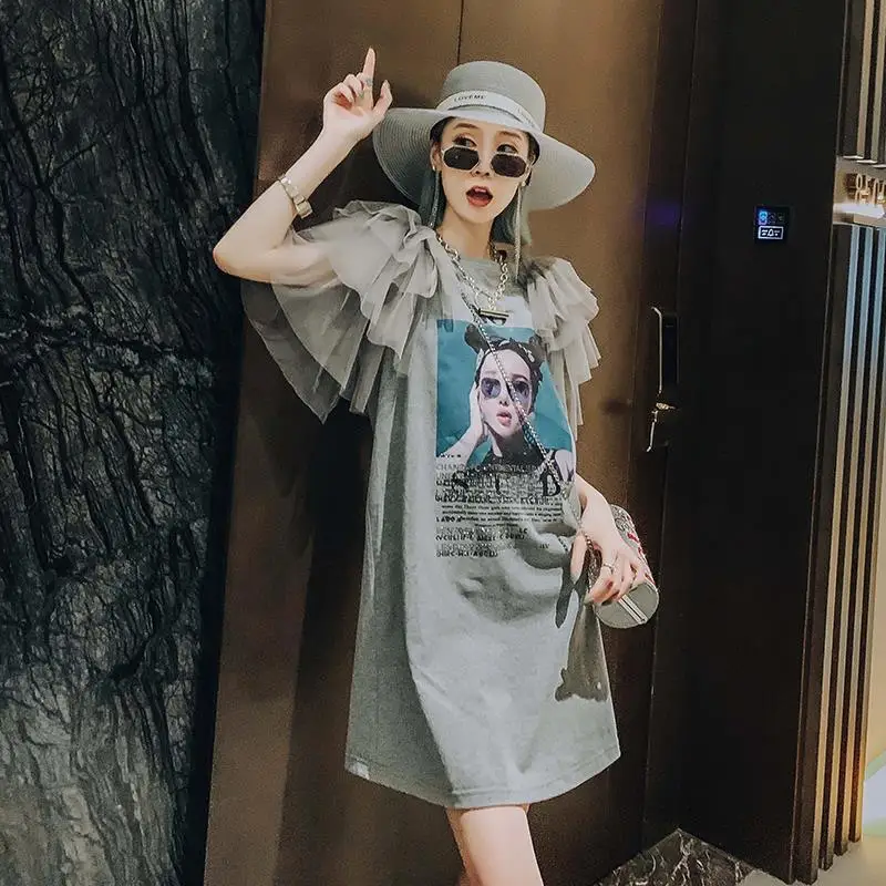 

Bohemian Lace Patchwork Mini Dress Summer New Short Sleeve Loose Printing Ladies Dresses Fashion Casual Women Clothing