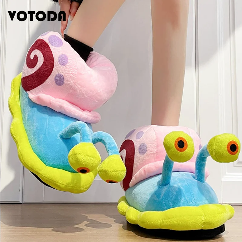 Women Cartoon Cute Snail Slippers Home Cotton Shoes Thick Sole Soft Cozy Slides Silent Flip Flop Unisex Winter Warm Plush Slides