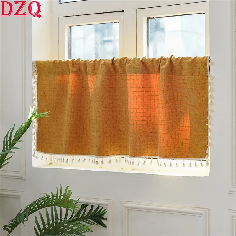 

Korea Sweet Yellow Plaid Short Curtains for Kitchen Japanese Linen Tassel Half Curtain Coffee Valnace for Roman Window #A027