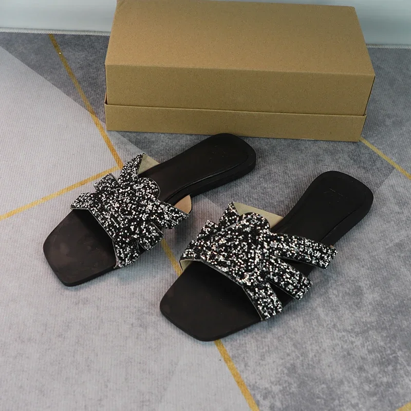 Женские блестящие золотистые сандалии модные шлепанцы на плоской подошве со