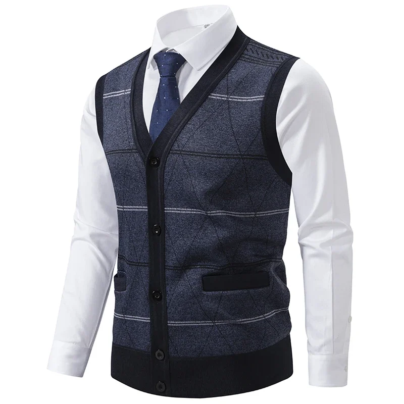 Новинка осенние мужские вязаные жилеты клетчатый Повседневный свитер мужская
